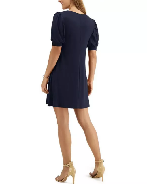 MSK PETITES Women's Navy Stretch Gathered Textured Pouf Sleeve Scoop Neck Short Party Shift Dress Petites PL - Image 3