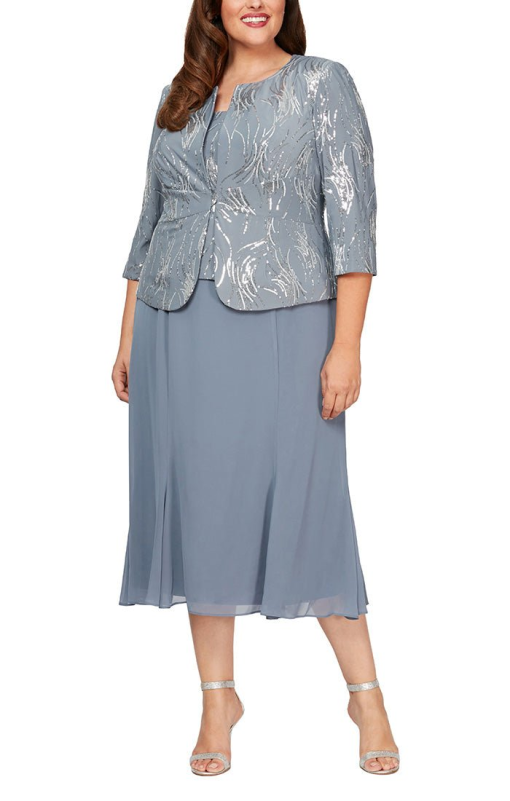 Alex Evenings Plus Size Sequin Jacket & MIDI Dress - Steel Blue 14W - Image 2