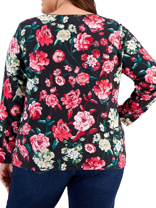 Karen Scott Plus Size Floral Print Scoop-Neck Top, Deep Black 1X - Image 2