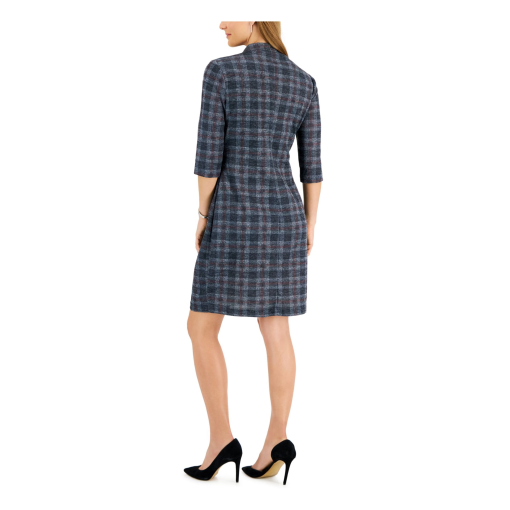 CONNECTED APPAREL Women's Gray Plaid 3/4 Sleeve V Neck Above the Knee Wear to Work Sheath Dress 8 - Image 2