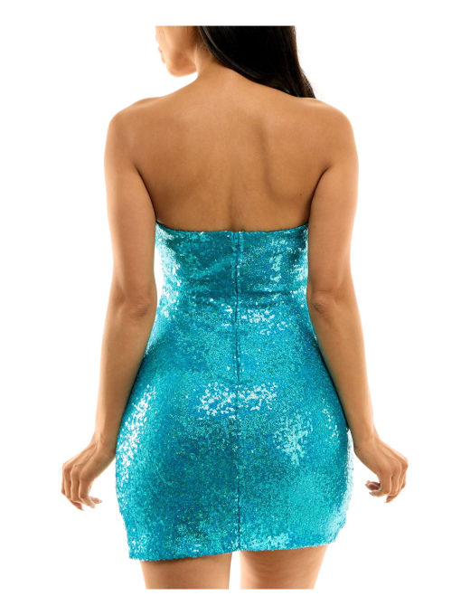 B DARLIN Women's Turquoise Sequined Zippered Lined Boning Slit Sleeveless Strapless Mini Party Sheath Dress Juniors 3/4 - Image 2