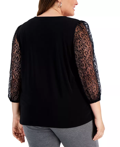 Kasper Plus Size Pleated-Neck Lace-Sleeve Top - Black 2X - Image 2