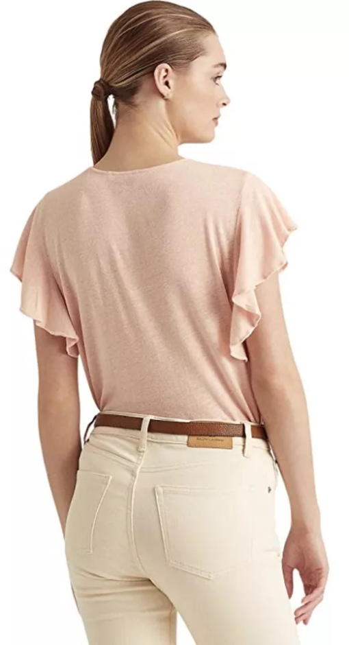 RALPH LAUREN Women's Pink Sheer Flutter Sleeve V Neck Top M - Image 2