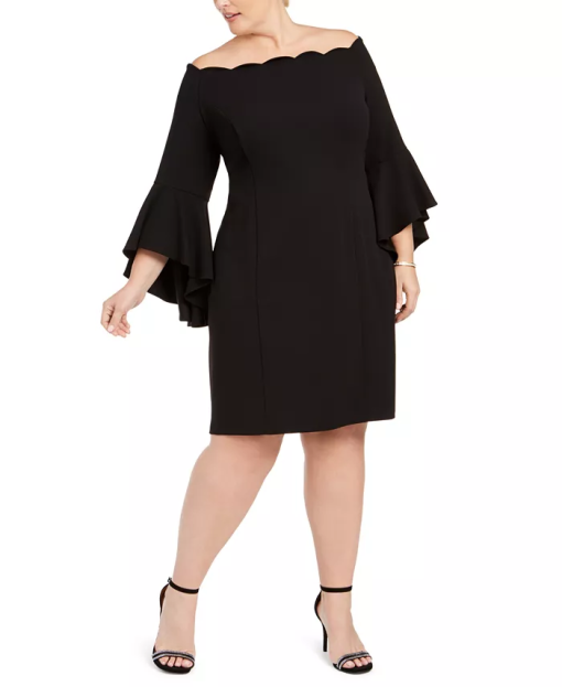 MSK WOMEN Women's Black Bell Sleeve Off Shoulder Knee Length Fit + Flare Dress Plus 2X - Image 2