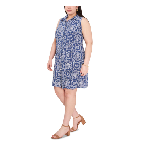 MSK Womens Blue Printed Sleeveless Point Collar Above the Knee Wear to Work Shirt Dress Plus 2X - Image 4