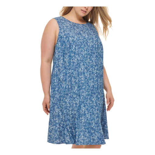 Tommy Hilfiger Womens Blue Floral Sleeveless Jewel Neck Knee Length Shift Dress Plus 20W - Image 4