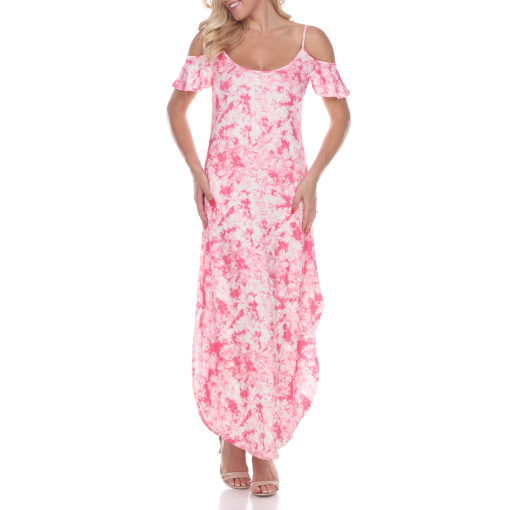 White Mark Women's Cold Shoulder Tie-Dye Maxi Dress, Pink, Large - Image 2