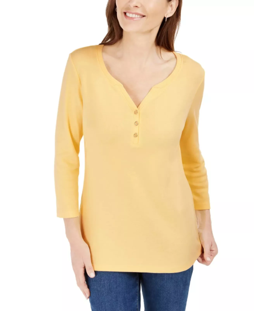 Karen Scott Petite 3/4-Sleeve Henley Shirt, - Citron Aura PS - Image 2