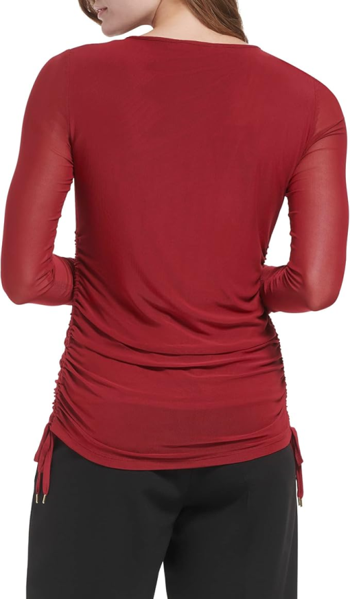 Calvin Klein Women's Long Sleeve Side Ruched Mesh Top - Cranberry S - Image 2