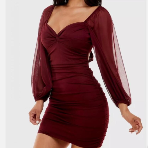 B DARLIN Women's Burgundy Ruched Twist Front Cut Out Tie Back Long Sleeve V Neck Short Party Body Con Dress Juniors XL - Image 2