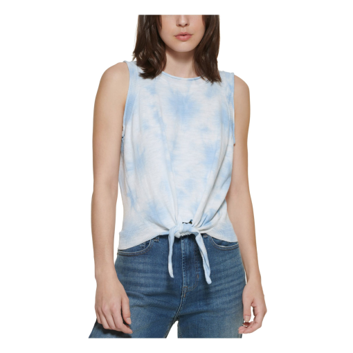 DKNY JEANS Women's Light Blue Ribbed Tie Front Pullover Tie Dye Sleeveless Crew Neck Tank Top XL - Image 2