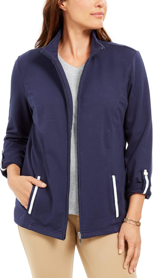 Karen Scott Sport French Terry Ribbon-Trim Jacket,  - Intrepid Blue XXL - Image 2