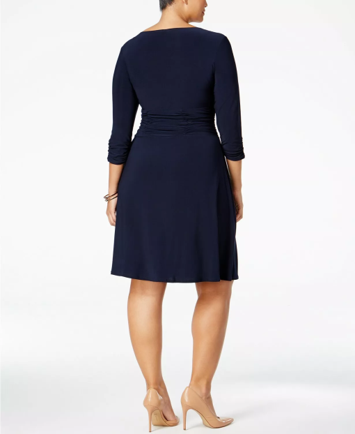 NY COLLECTION Women's Navy Ruched 3/4 Sleeve V Neck Knee Length Wear to Work a-Line Dress Plus 2X - Image 3