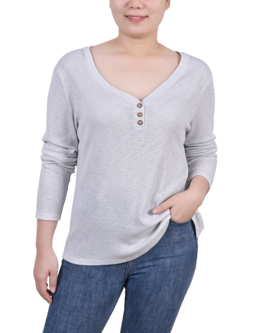 NY Collection Women's Petites Cotton Ribbed Henley PS - Image 2