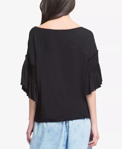 DKNY Women's Smocked Bell-Sleeve Top - Black - Size L - Image 2