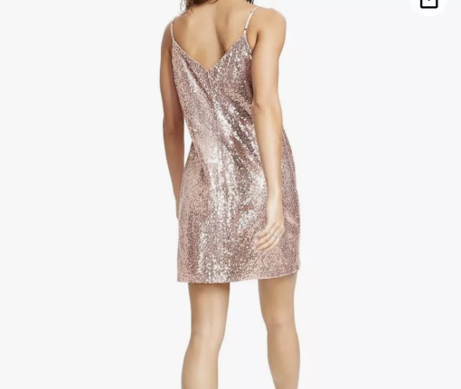 BAR III DRESSES Women's Pink Sequined Lined V Back Pullover Spaghetti Strap V Neck Short Cocktail Sheath Dress L - Image 3