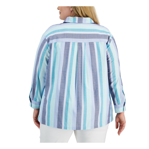 ANNE KLEIN Womens Blue Pocketed Slitted Shacket Striped Cuffed Sleeve Point Collar Button up Top Plus 2X - Image 3