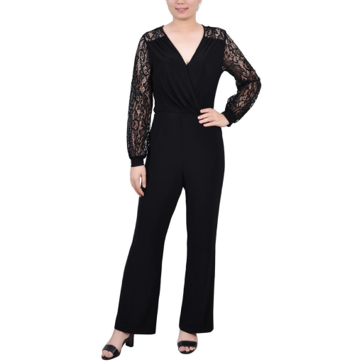 NY Collection Womens Petites Surplice Lace Trim Jumpsuit PL - Image 2