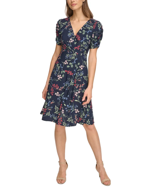 Tommy Hilfiger Floral Ruche Empire Waist Fit-and-Flare (Sky Captain/Blue) Women's Dress 2 - Image 2