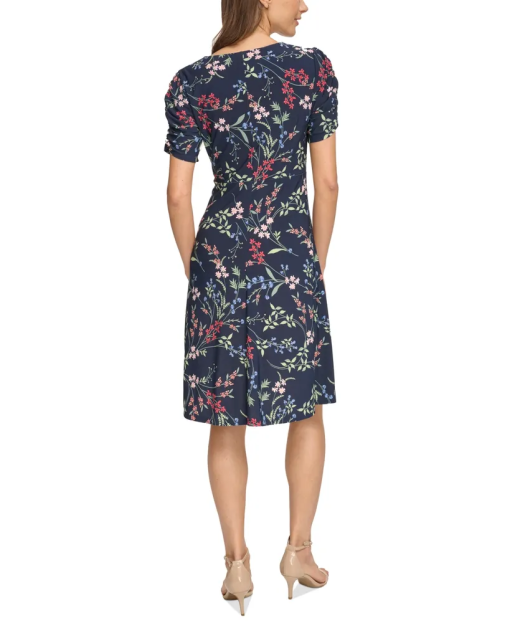 Tommy Hilfiger Floral Ruche Empire Waist Fit-and-Flare (Sky Captain/Blue) Women's Dress 2 - Image 3