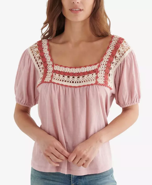 LUCKY BRAND Womens Pink Short Sleeve Square Neck Top S - Image 2