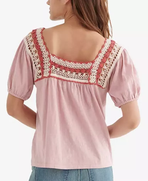 LUCKY BRAND Womens Pink Short Sleeve Square Neck Top S - Image 3