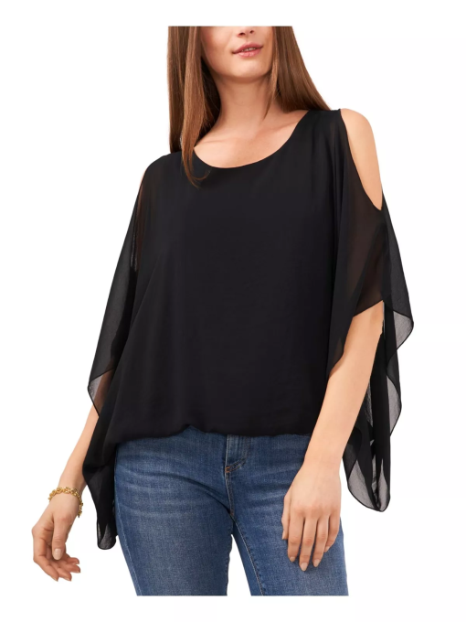 Vince Camuto Women's Black Cold Shoulder Sheer Lined Pullover Dolman Sleeve Round Neck Top L - Image 2