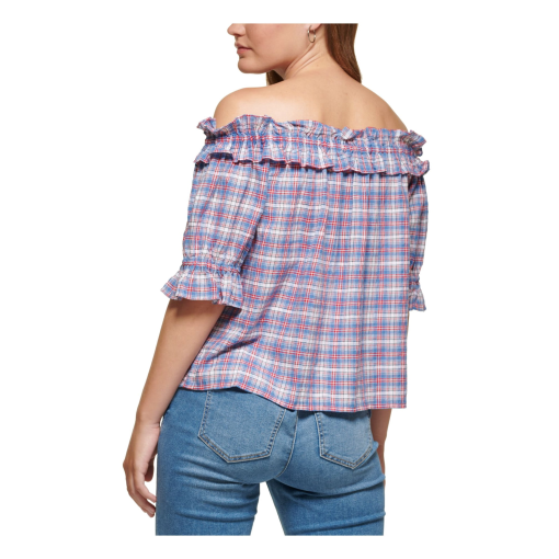 TOMMY HILFIGER Womens Navy Ruffled Plaid Elbow Sleeve Off Shoulder Top XL - Image 2