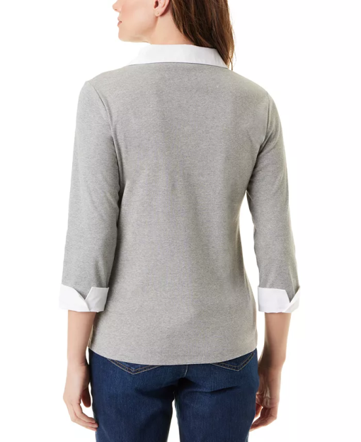 Karen Scott Cotton Layered-Look Woven Top, - Charcoal Heather M - Image 3