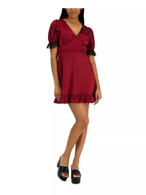 KIT & SKY Women's Red Lined Ruffled Keyhole Back Short Sleeve V Neck Above the Knee Party Shift Dress Juniors S - Image 2