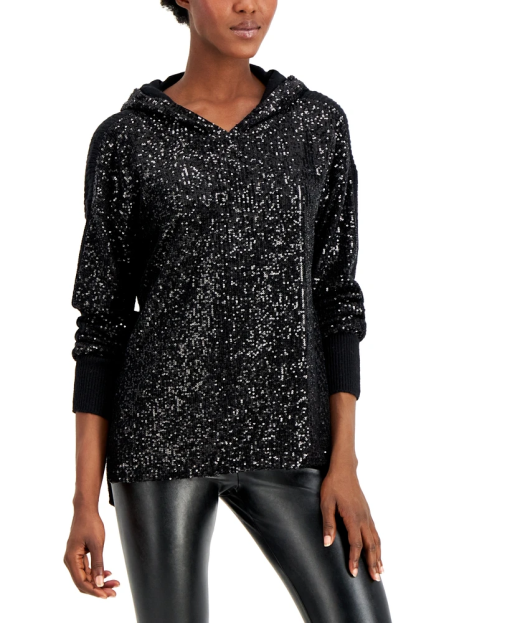 INC Women's Sequin-Front Hoodie,  Deep Black XS - Image 2