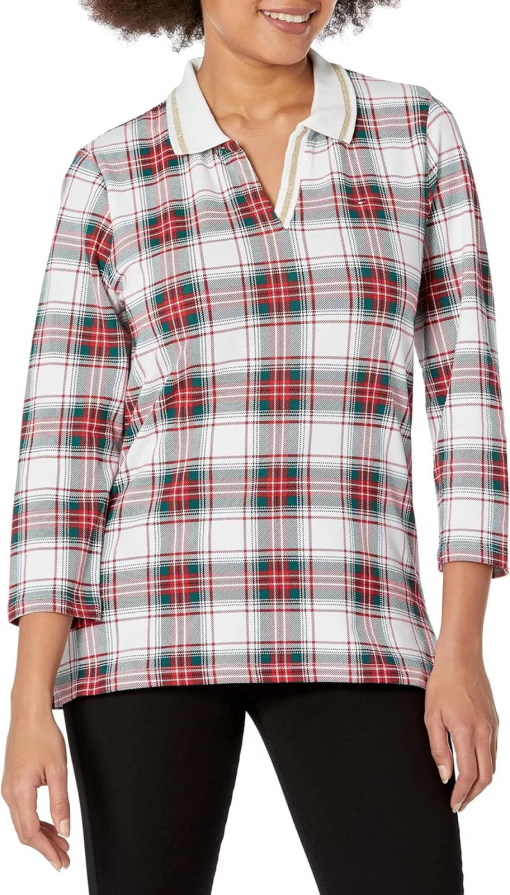 Tommy Hilfiger Womens Striped Collar Plaid Pullover Top S - Image 2