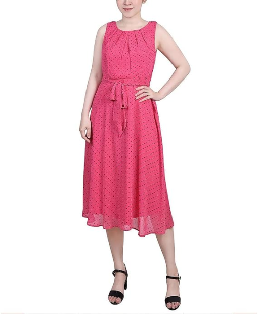 Ny Collection Petite Sleeveless Chiffon Belted Dress - Pink Black Fantasy Dot PXL - Image 2