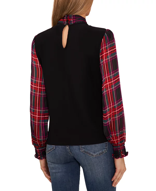 CeCe Women's Tie-Neck Mixed Media Tartan Blouse - Rich Black XS - Image 2