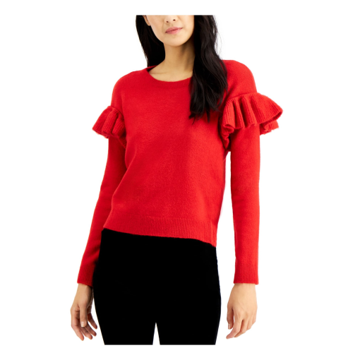 INC Women's Red Ruffled Long Sleeve Crew Neck Sweater XL - Image 2