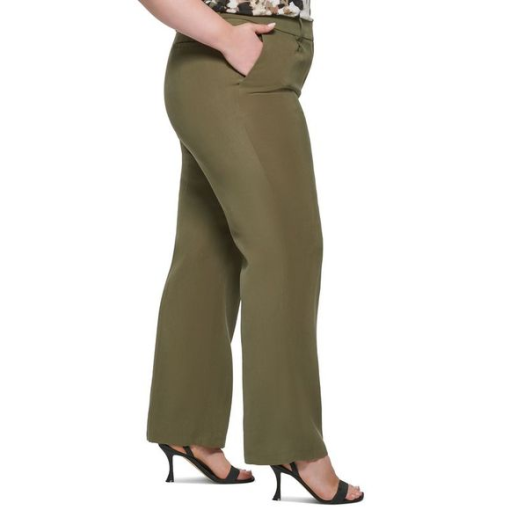 Calvin Klein Womens Green Zippered Pocketed Hook and Bar Closure Pleated Wear to Work Wide Leg Pants Plus 20W - Image 4