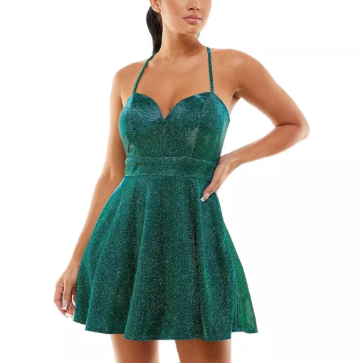 Crystal Doll Women's Juniors Glitter Sweetheart Neck Mini Dress  9 - Image 2