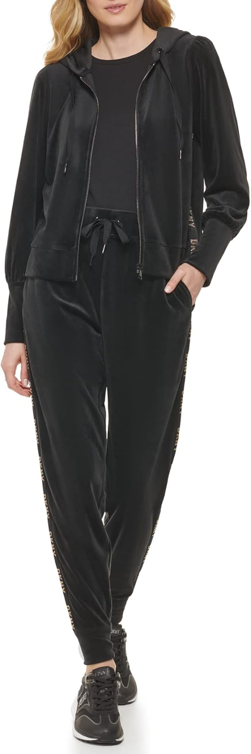 Dkny Women's Metallic Logo Trim Velour Jogger Pants - Black/Gold XL - Image 2