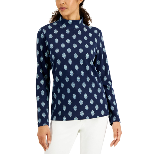 Karen Scott Women's Ikat Foulard Printed Mock-Neck Top,  Intrepid Blue L - Image 2