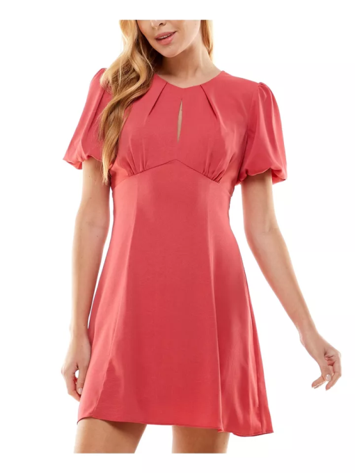 CITY STUDIO Women's Coral Zippered Lined Open Tie Back Pouf Sleeve Keyhole Short Fit + Flare Dress Juniors 13 - Image 2