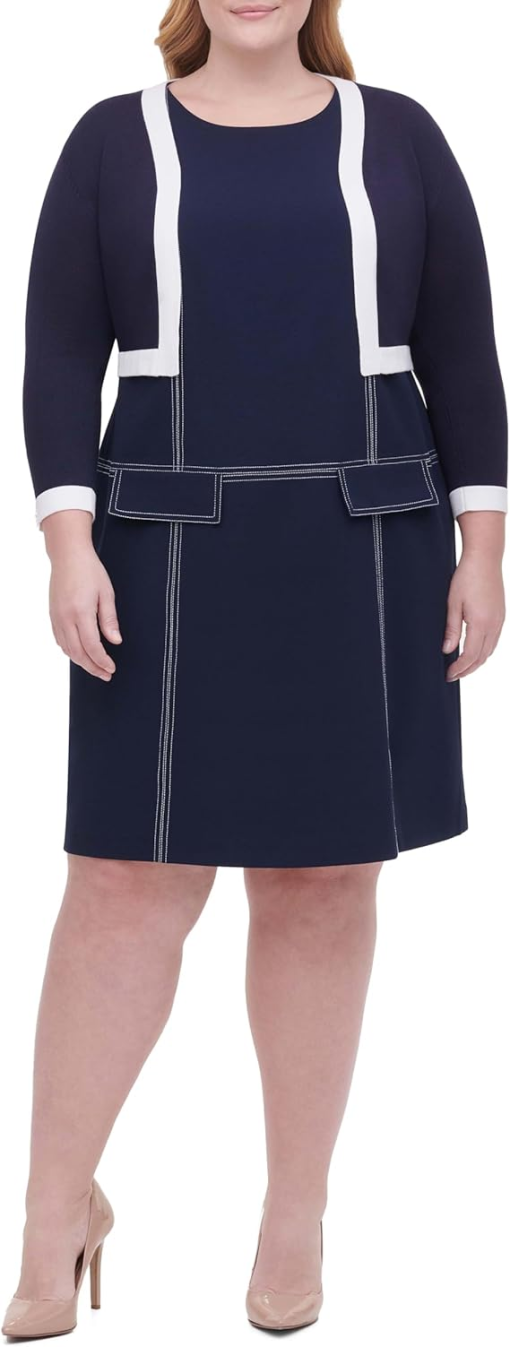 TOMMY HILFIGER Women's Navy Color Block 3/4 Sleeve Open Front Wear to Work Sweater Plus 2X - Image 2