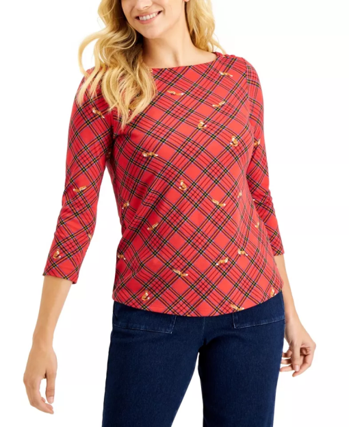 Charter Club RAVISHING RED Women's Fox Print Plaid Top US X-Small - Image 2