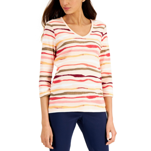 Karen Scott Sasha Striped Top, - Peony Coral XL - Image 2