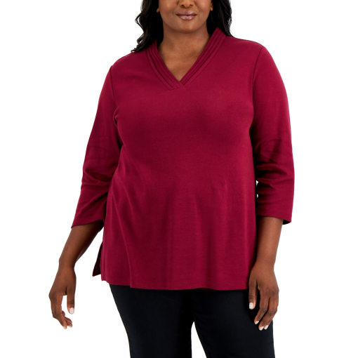 Karen Scott Plus Size Cotton Pleated Neck 3/4-Sleeve Tunic 0X - Image 2