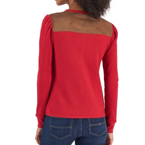 Tommy Hilfiger Women's Faux Suede Trim Henley Top Red Size Large - Image 2