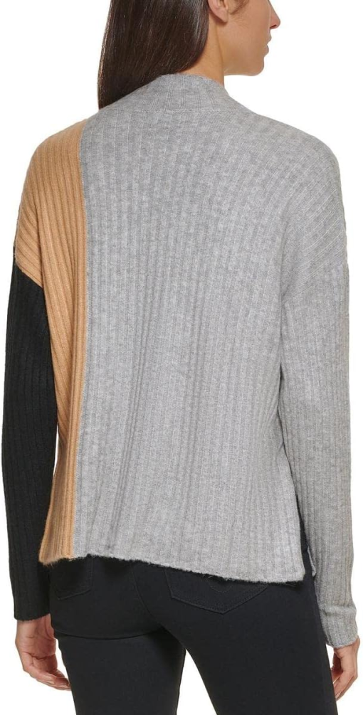 CALVIN KLEIN Women's Gray Stretch Ribbed Slitted Drop Shoulder Color Block Long Sleeve Mock Neck Sweater L - Image 2