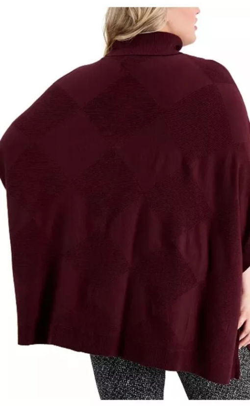 Alfani Plus Size Diamond-Stitch Turtleneck Poncho, - Rich Malbec 1X - Image 3