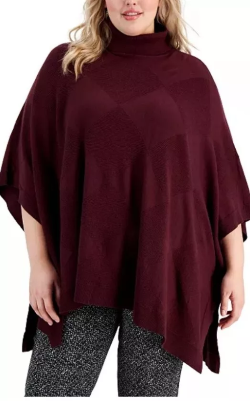 Alfani Plus Size Diamond-Stitch Turtleneck Poncho, - Rich Malbec 1X - Image 2