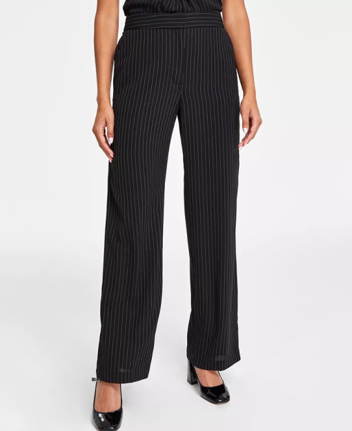 Dkny Women's High-Rise Wide-Leg Pinstripe Pants - Black/white - Image 2