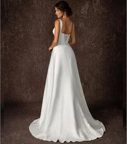 VIPGIRL Women’s Elegant Square Neck A-Line Sculptured Maxi Wedding Dress, Simple Lace-up Backless Formal Bridal Gown - Image 3